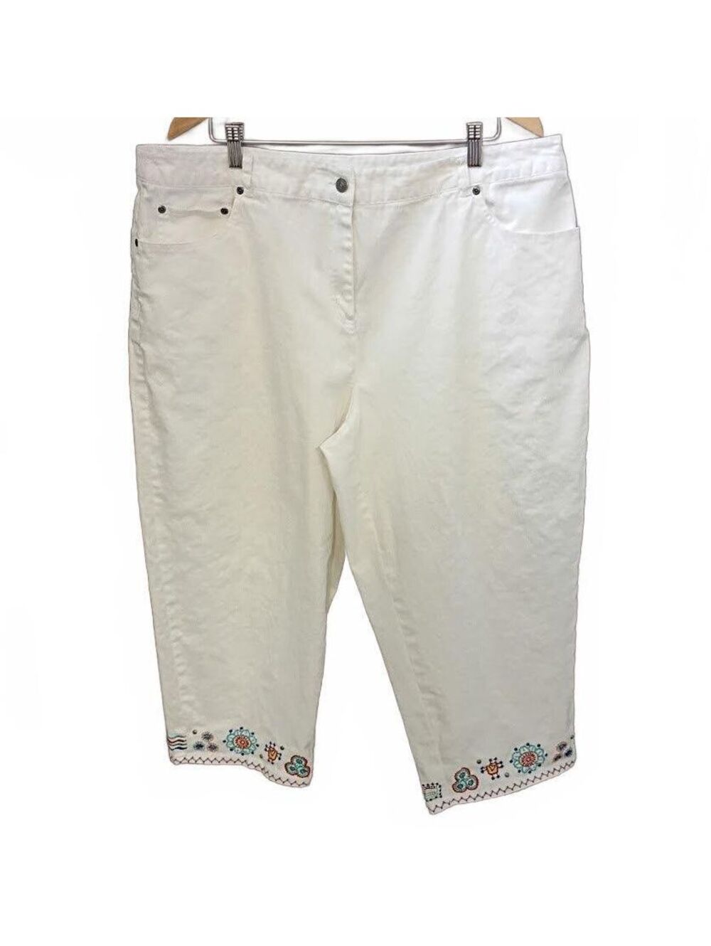 Ruby Rd. Woman White Cropped Pants with Colorful Embroidered Hem Plus Size 20W